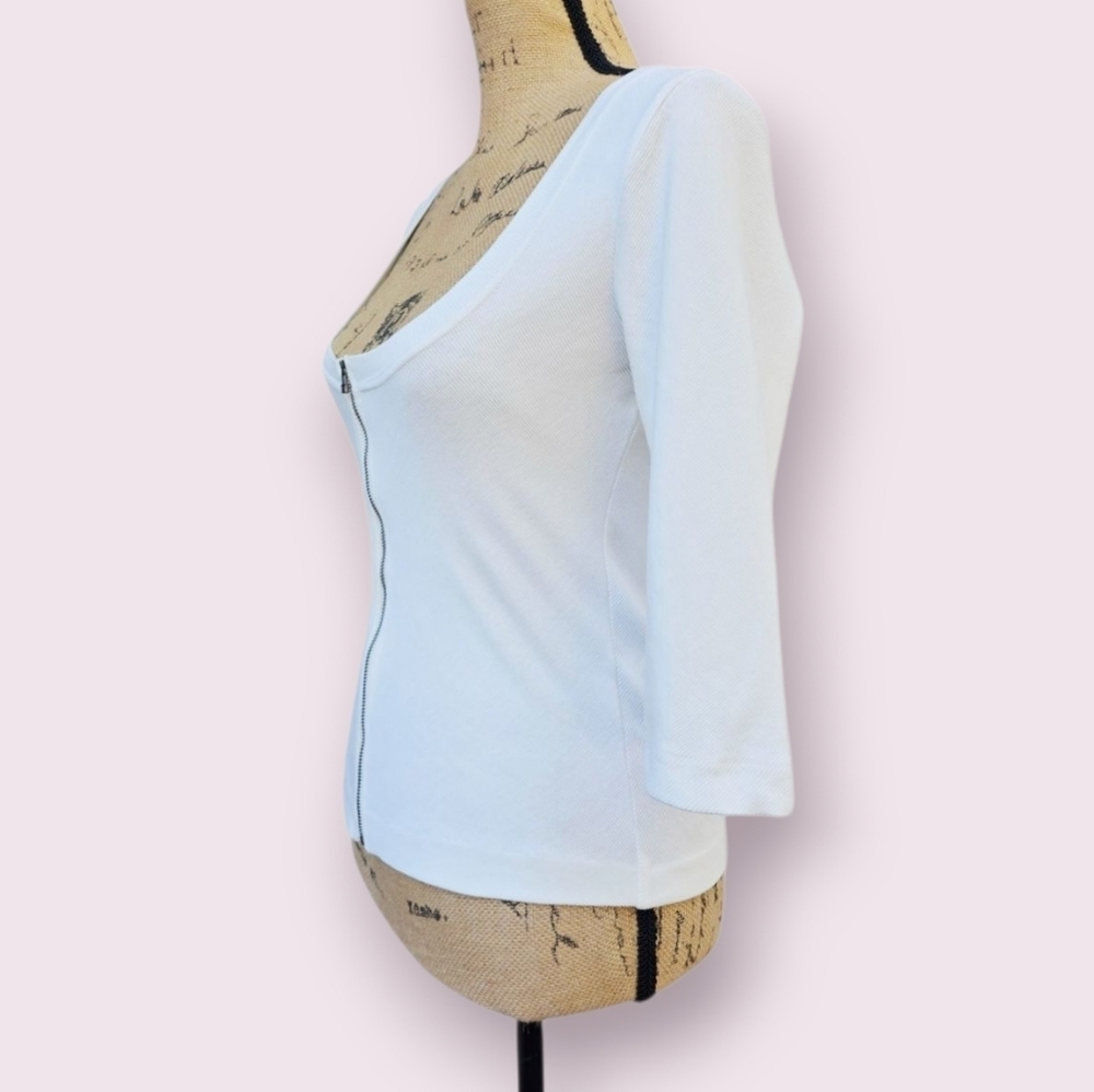 Maeve Anthropologie Ivory Ribbed Top Front-Zip, Scoop Neck, 3/4 Sleeves, Size S - Picture 4 of 6